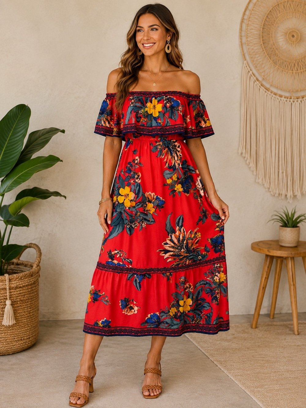 Flying Tomato Floral Off Shoulder Ruffle Midi Dress M Boho Resort Tropical